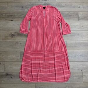 Natori‎ Coral Pink Striped 3/4 Sleeve Kaftan Dress Lounger Coverup Pockets
